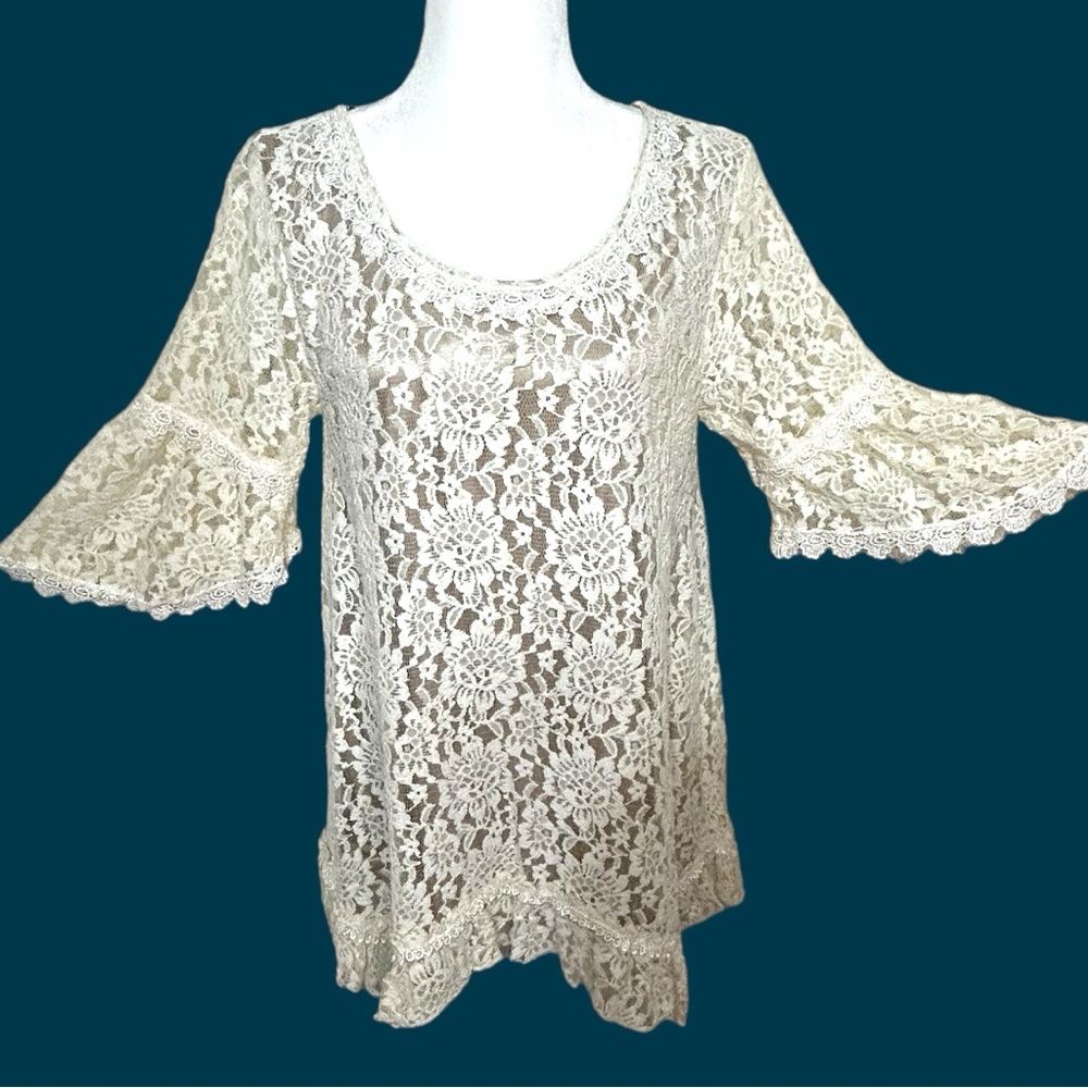 Lady Noiz - Tan & Cream Color Floral Boho Lace Top - Women's Size Large